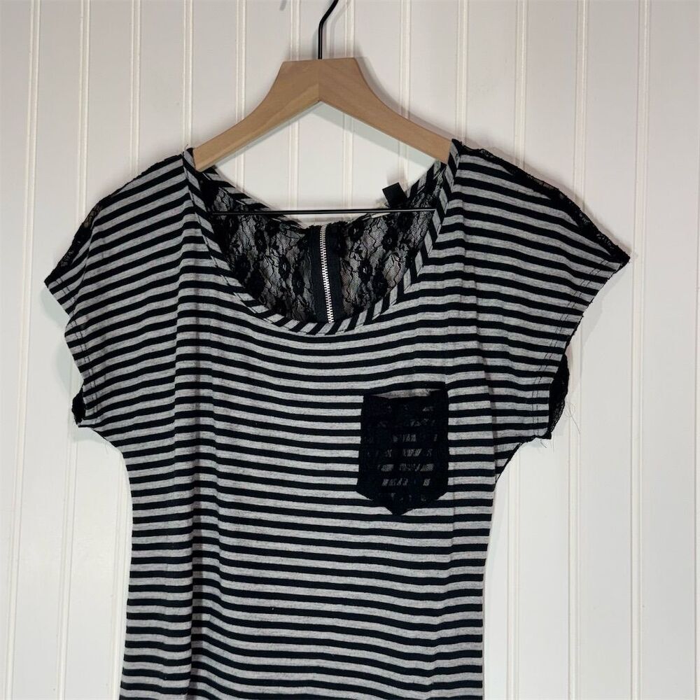 Charlotte Russe Lace Back Striped Tee S Grunge Y2K USA Made Black Gray Mesh - Picture 2 of 6